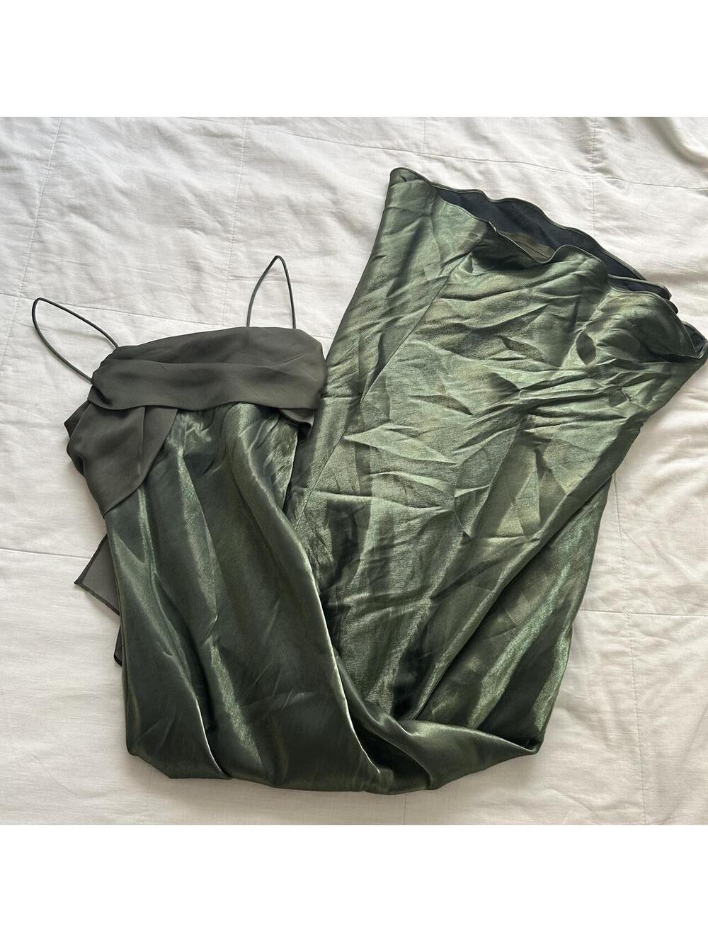 Betsy & Adam Sage Green Satin Formal Gown Draped Bodice Size 4
